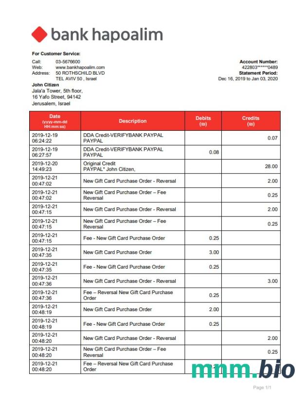 Israel Bank Hapoalim wyciąg bankowy łatwy do wypełnienia szablonu .xls i .format pliku pdf